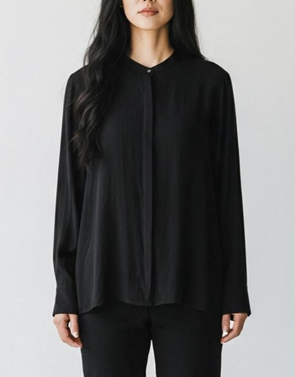 A4 Authentic EILEEN FISHER V-Neck 100% Silk Blouse Top Black Oversized Size 1X